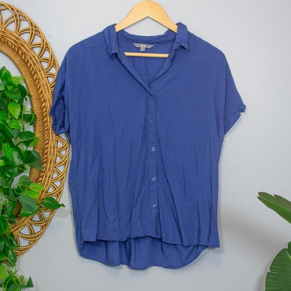 Uniqlo Blue Button Down Short Sleeve Blouse Relaxed Fit Top L | True Summer - Picture 1 of 6